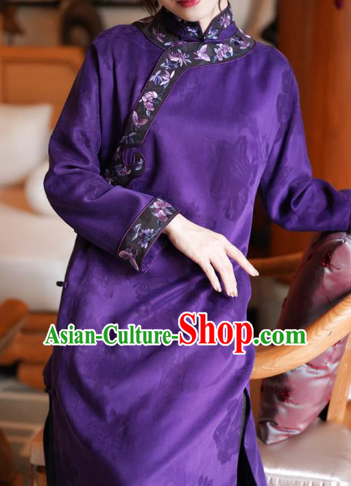 Republic of China National Female Purple Silk Cheongsam Classical Embroidered Qipao Dress Republic of China National Female Purple Silk Cheongsam Classical Embroidered Qipao Dress