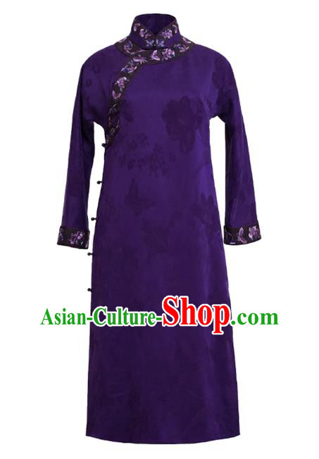 Republic of China National Female Purple Silk Cheongsam Classical Embroidered Qipao Dress Republic of China National Female Purple Silk Cheongsam Classical Embroidered Qipao Dress