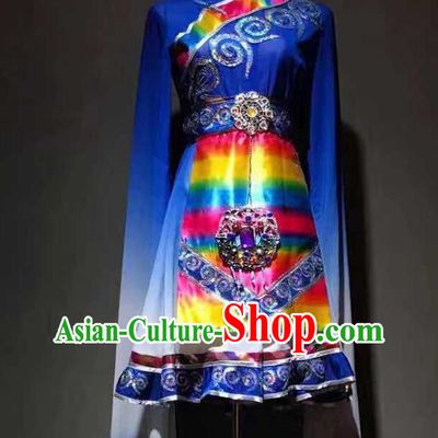 Chinese Zang Nationality Folk Dance Costumes Tibetan Ethnic Minority Stage Performance Royalblue Dress Outfits
