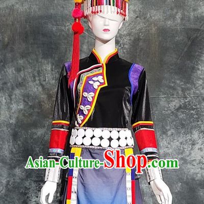 Chinese Lahu Nationality Folk Dance Costumes Ethnic Minority Woman Outfits and Headwear