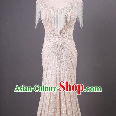 Top Grade Compere Champagne Tassel Full Dress Catwalks Stage Performance Costume