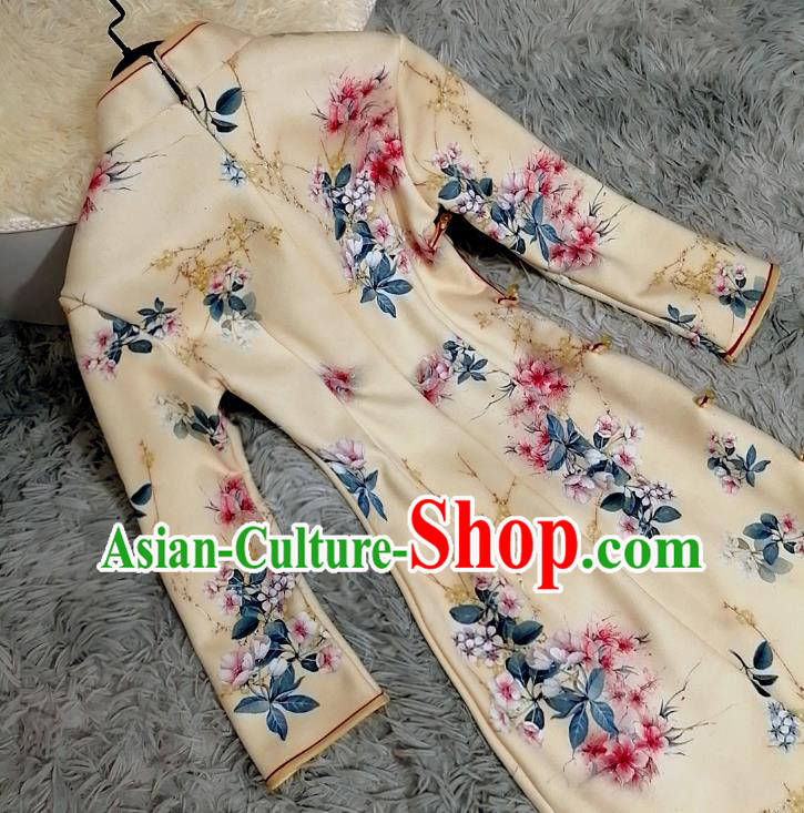 Chinese Classical Printing Peach Blossom Qipao Dress Traditional Shanghai Women Light Yellow Cheongsam Chinese Classical Printing Peach Blossom Qipao Dress Traditional Shanghai Women Light Yellow Cheongsam