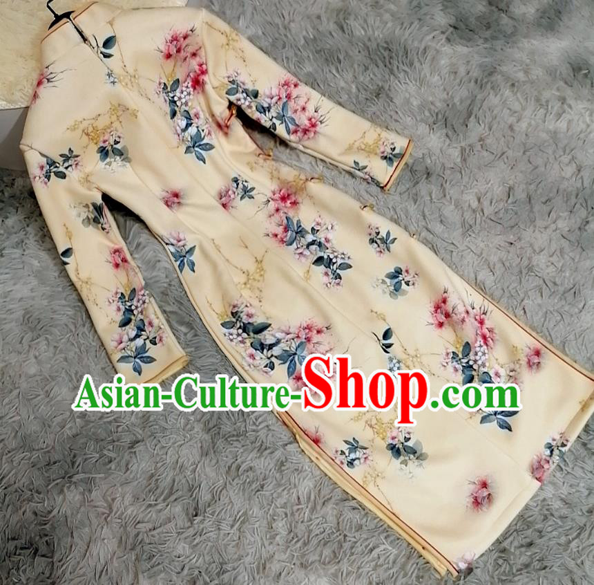 Chinese Classical Printing Peach Blossom Qipao Dress Traditional Shanghai Women Light Yellow Cheongsam Chinese Classical Printing Peach Blossom Qipao Dress Traditional Shanghai Women Light Yellow Cheongsam