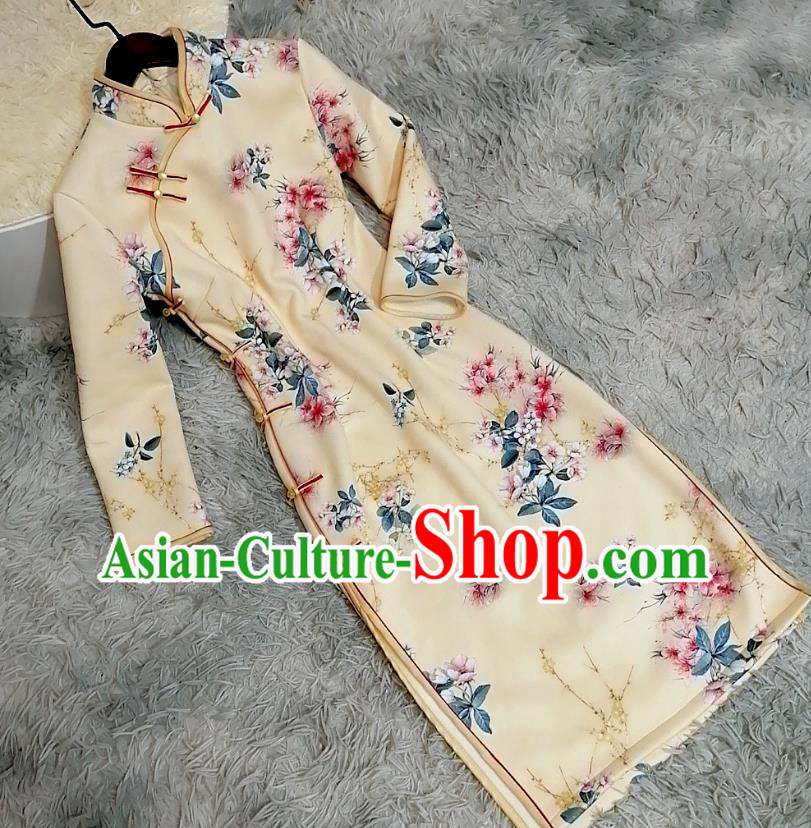 Chinese Classical Printing Peach Blossom Qipao Dress Traditional Shanghai Women Light Yellow Cheongsam Chinese Classical Printing Peach Blossom Qipao Dress Traditional Shanghai Women Light Yellow Cheongsam