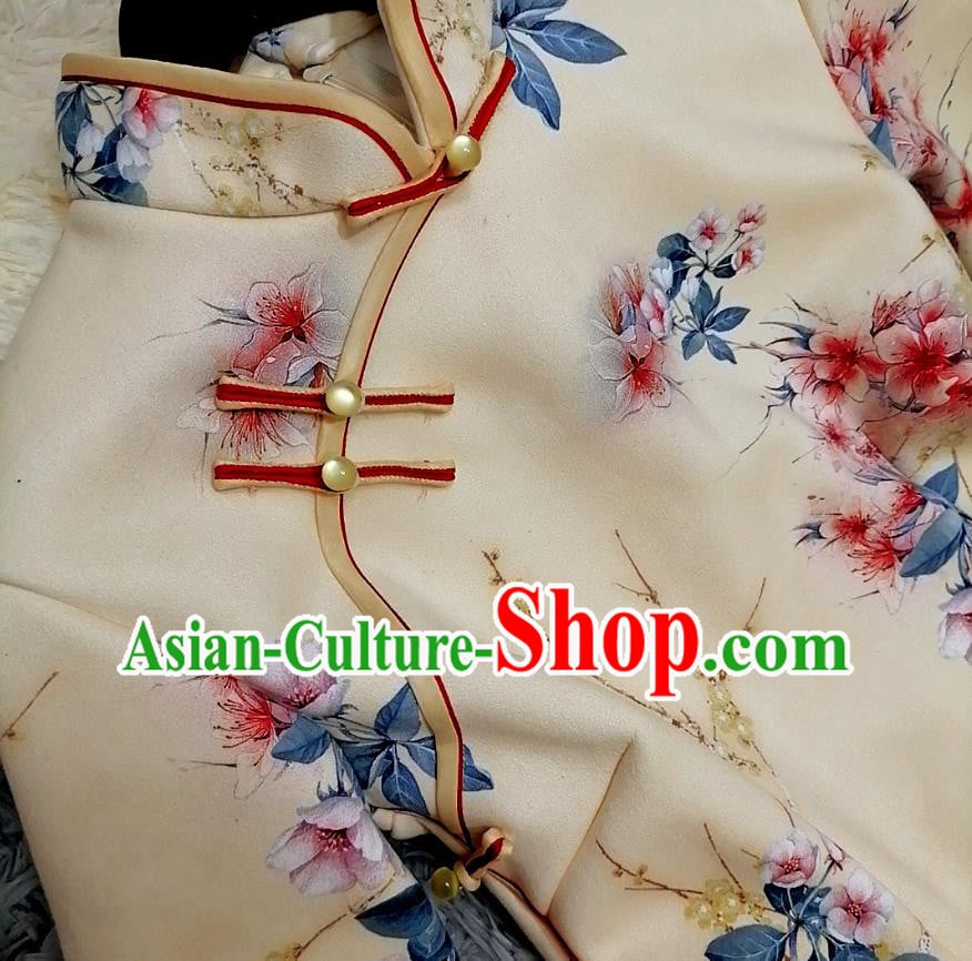 Chinese Classical Printing Peach Blossom Qipao Dress Traditional Shanghai Women Light Yellow Cheongsam Chinese Classical Printing Peach Blossom Qipao Dress Traditional Shanghai Women Light Yellow Cheongsam