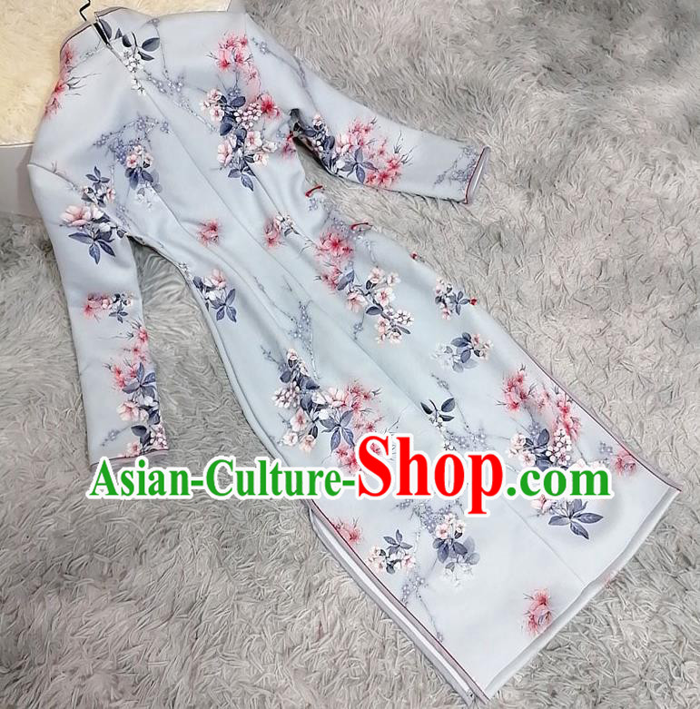 Chinese Traditional Shanghai Light Blue Cheongsam Classical Printing Plum Blossom Qipao Dress Chinese Traditional Shanghai Light Blue Cheongsam Classical Printing Plum Blossom Qipao Dress
