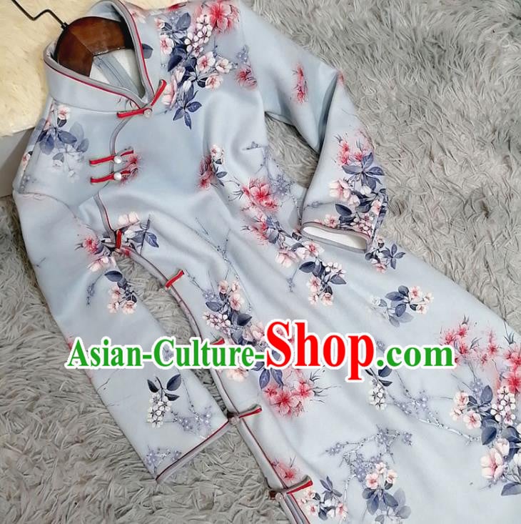 Chinese Traditional Shanghai Light Blue Cheongsam Classical Printing Plum Blossom Qipao Dress Chinese Traditional Shanghai Light Blue Cheongsam Classical Printing Plum Blossom Qipao Dress