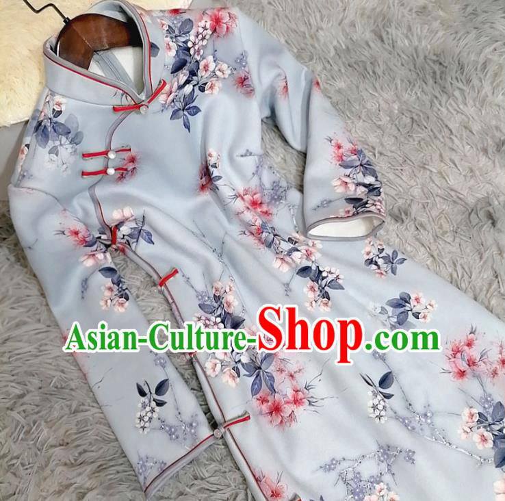 Chinese Traditional Shanghai Light Blue Cheongsam Classical Printing Plum Blossom Qipao Dress Chinese Traditional Shanghai Light Blue Cheongsam Classical Printing Plum Blossom Qipao Dress