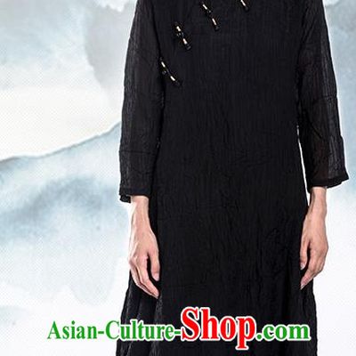 Chinese National Black Tencel Qipao Dress Traditional Zen Clothing Slant Opening Cheongsam