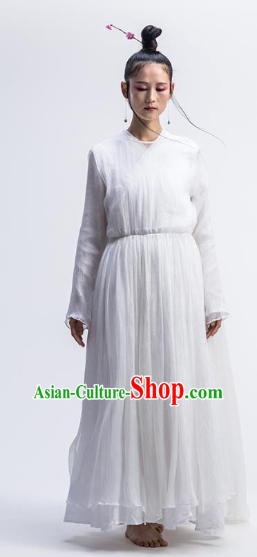 Chinese Traditional Zen Clothing Classical Dance Costume National White Chiffon Qipao Dress Chinese Traditional Zen Clothing Classical Dance Costume National White Chiffon Qipao Dress