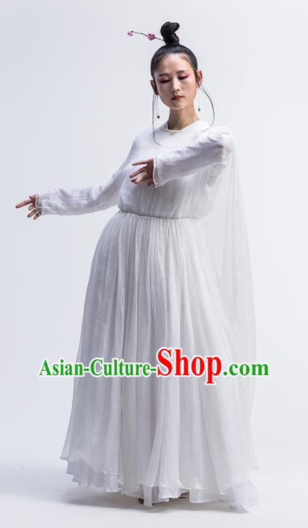 Chinese Traditional Zen Clothing Classical Dance Costume National White Chiffon Qipao Dress Chinese Traditional Zen Clothing Classical Dance Costume National White Chiffon Qipao Dress