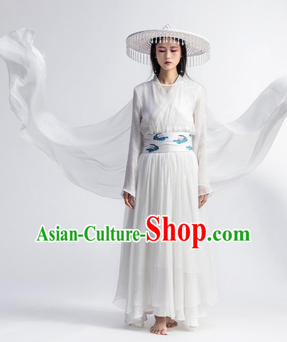 Chinese Traditional Zen Clothing Classical Dance Costume National White Chiffon Qipao Dress Chinese Traditional Zen Clothing Classical Dance Costume National White Chiffon Qipao Dress