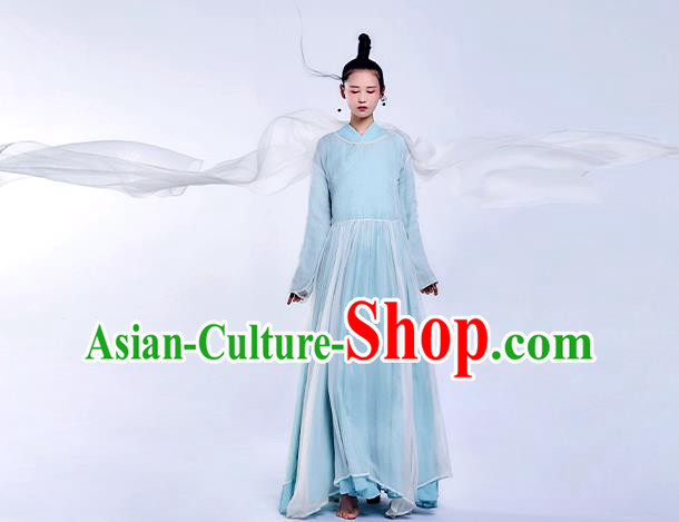 Chinese Classical Dance Costume National Light Blue Qipao Dress Traditional Zen Clothing Chinese Classical Dance Costume National Light Blue Qipao Dress Traditional Zen Clothing