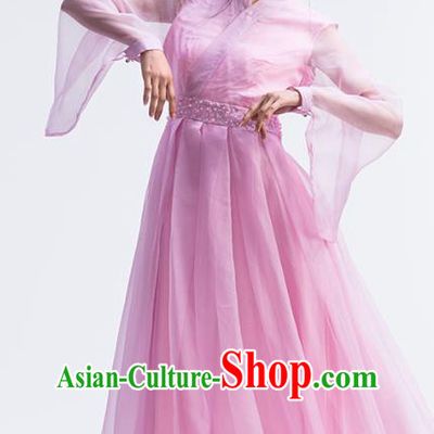 Chinese National Pink Silk Dress Traditional Stage Performance Clothing Classical Dance Costume