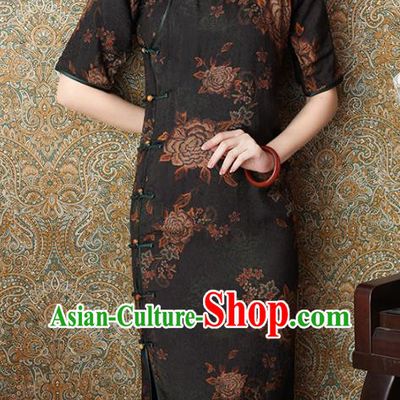 Chinese Slim Qipao Dress Traditional Printing Peony Black Tencel Cheongsam National Shanghai Beauty Costume