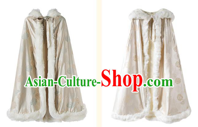 Chinese Traditional Winter Light Golden Satin Long Cape Ancient Princess Cloak Clothing Chinese Traditional Winter Light Golden Satin Long Cape Ancient Princess Cloak Clothing