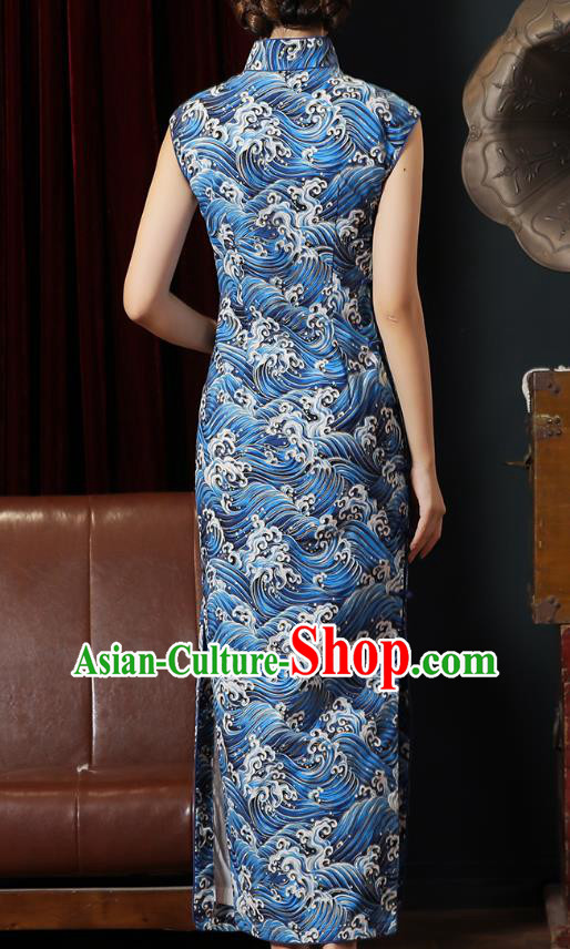 Chinese Classical Wave Pattern Qipao Dress National Young Lady Costume Traditional Blue Cheongsam Chinese Classical Wave Pattern Qipao Dress National Young Lady Costume Traditional Blue Cheongsam
