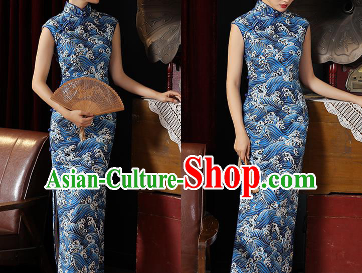 Chinese Classical Wave Pattern Qipao Dress National Young Lady Costume Traditional Blue Cheongsam Chinese Classical Wave Pattern Qipao Dress National Young Lady Costume Traditional Blue Cheongsam