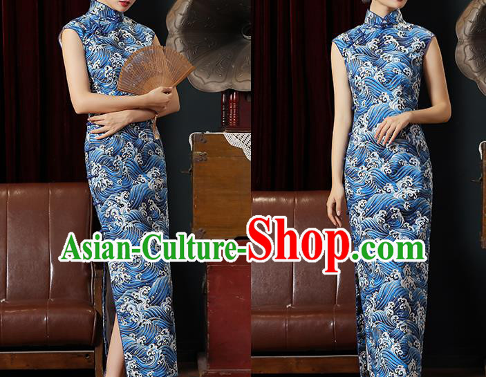 Chinese Classical Wave Pattern Qipao Dress National Young Lady Costume Traditional Blue Cheongsam Chinese Classical Wave Pattern Qipao Dress National Young Lady Costume Traditional Blue Cheongsam