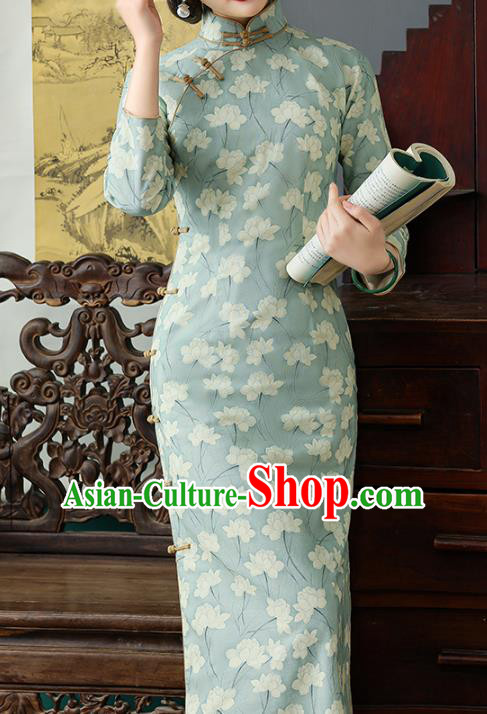 Chinese Traditional Young Lady Cheongsam National Woman Costume Classical Light Green Ramine Qipao Dress Chinese Traditional Young Lady Cheongsam National Woman Costume Classical Light Green Ramine Qipao Dress