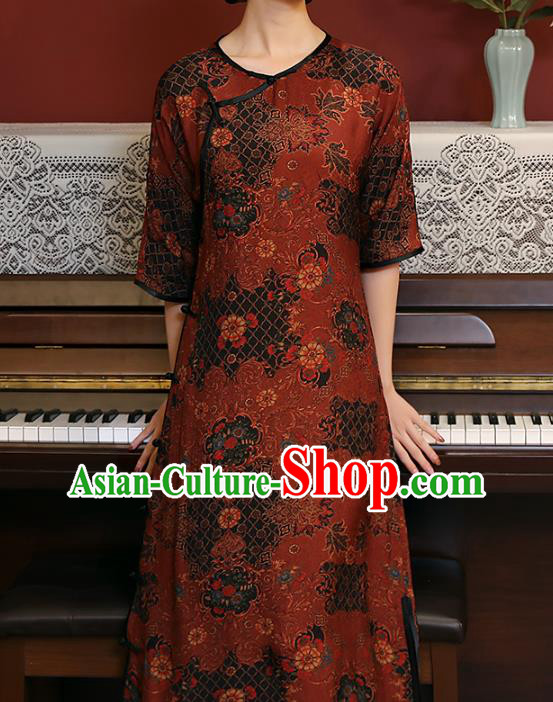 Chinese Classical Dark Red Qipao Dress National Woman Costume Traditional Slant Opening Cheongsam Chinese Classical Dark Red Qipao Dress National Woman Costume Traditional Slant Opening Cheongsam