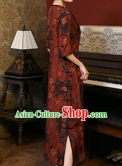 Chinese Classical Dark Red Qipao Dress National Woman Costume Traditional Slant Opening Cheongsam Chinese Classical Dark Red Qipao Dress National Woman Costume Traditional Slant Opening Cheongsam
