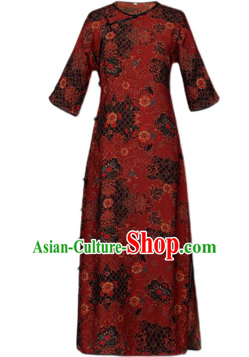 Chinese Classical Dark Red Qipao Dress National Woman Costume Traditional Slant Opening Cheongsam Chinese Classical Dark Red Qipao Dress National Woman Costume Traditional Slant Opening Cheongsam