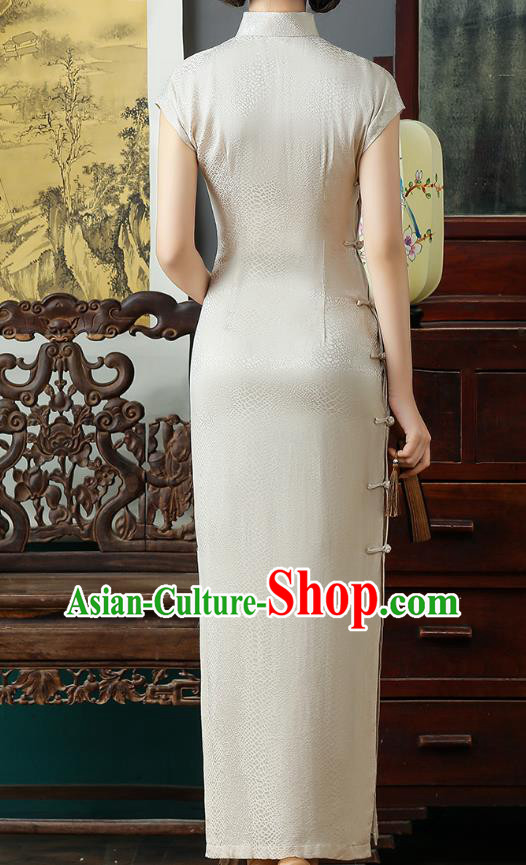 Chinese National Costume Beige Tencel Qipao Dress Traditional Slim Cheongsam Clothing Chinese National Costume Beige Tencel Qipao Dress Traditional Slim Cheongsam Clothing
