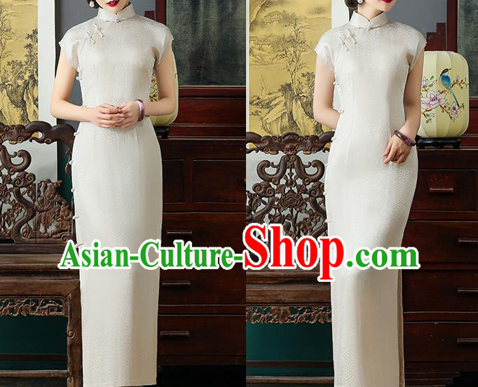 Chinese National Costume Beige Tencel Qipao Dress Traditional Slim Cheongsam Clothing Chinese National Costume Beige Tencel Qipao Dress Traditional Slim Cheongsam Clothing