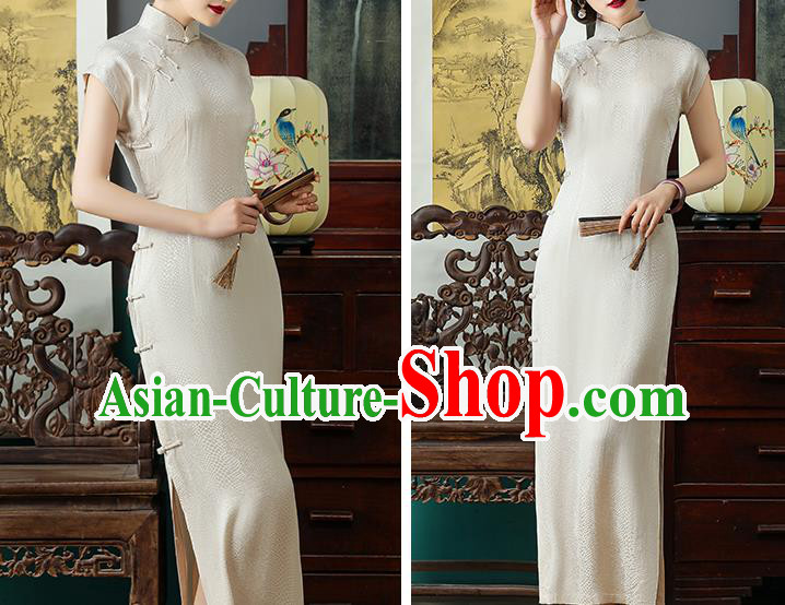 Chinese National Costume Beige Tencel Qipao Dress Traditional Slim Cheongsam Clothing Chinese National Costume Beige Tencel Qipao Dress Traditional Slim Cheongsam Clothing