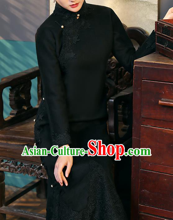 Chinese Classical Lace Qipao Dress National Shanghai Woman Costume Traditional Black Woolen Cheongsam