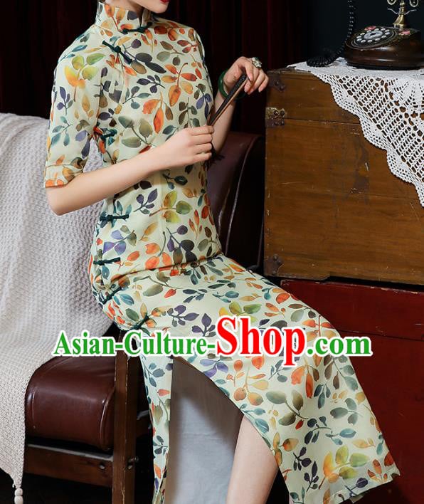 Chinese National Shanghai Beauty Costume Printing Leaf Tencel Qipao Dress Traditional Slim Cheongsam Chinese National Shanghai Beauty Costume Printing Leaf Tencel Qipao Dress Traditional Slim Cheongsam