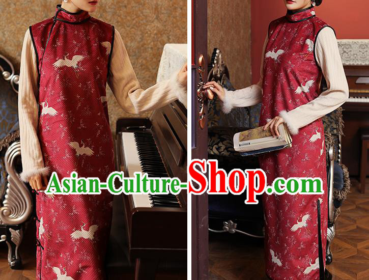 Chinese Classical Cranes Pattern Red Qipao Dress National Rich Lady Costume Traditional Winter Cheongsam Chinese Classical Cranes Pattern Red Qipao Dress National Rich Lady Costume Traditional Winter Cheongsam