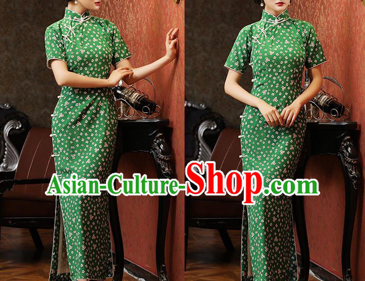 Chinese Traditional Printing Green Cheongsam Classical Qipao Dress National Civilian Lady Costume Chinese Traditional Printing Green Cheongsam Classical Qipao Dress National Civilian Lady Costume