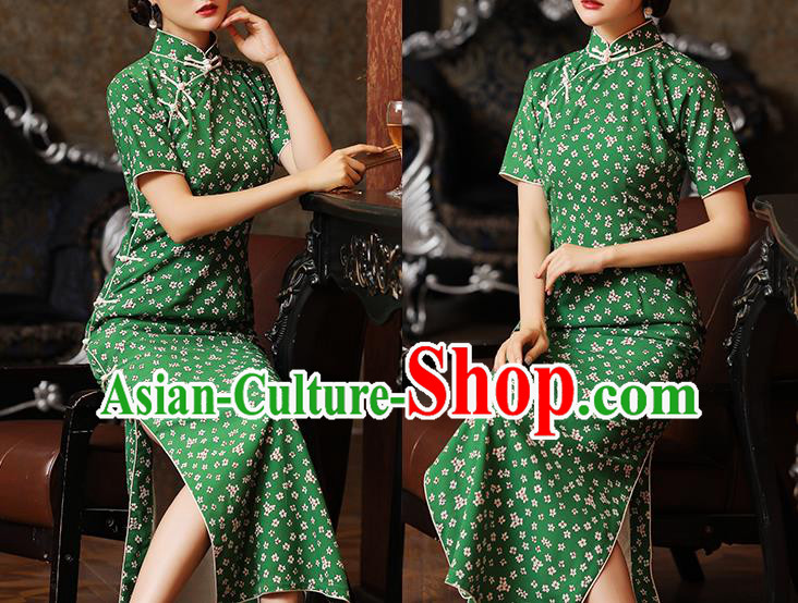 Chinese Traditional Printing Green Cheongsam Classical Qipao Dress National Civilian Lady Costume Chinese Traditional Printing Green Cheongsam Classical Qipao Dress National Civilian Lady Costume