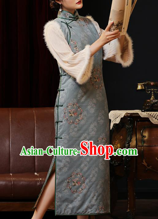 Chinese Classical Winter Qipao Dress National Shanghai Woman Costume Traditional Printing Cotton Wadded Cheongsam Chinese Classical Winter Qipao Dress National Shanghai Woman Costume Traditional Printing Cotton Wadded Cheongsam