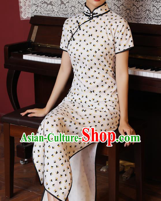 Chinese Classical White Chiffon Qipao Dress National Shanghai Costume Traditional Printing Cheongsam Chinese Classical White Chiffon Qipao Dress National Shanghai Costume Traditional Printing Cheongsam