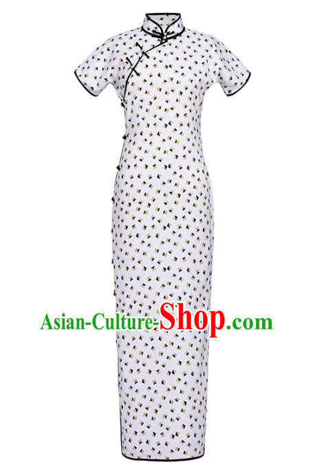 Chinese Classical White Chiffon Qipao Dress National Shanghai Costume Traditional Printing Cheongsam Chinese Classical White Chiffon Qipao Dress National Shanghai Costume Traditional Printing Cheongsam