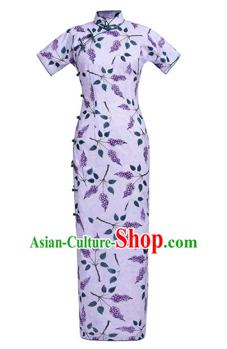 Chinese Traditional Printing Violet Cheongsam Classical Qipao Dress National Shanghai Lady Costume Chinese Traditional Printing Violet Cheongsam Classical Qipao Dress National Shanghai Lady Costume