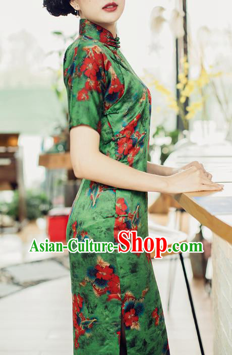 Republic of China Classical Printing Green Cheongsam Traditional Gambiered Guangdong Gauze Qipao Dress Costume Republic of China Classical Printing Green Cheongsam Traditional Gambiered Guangdong Gauze Qipao Dress Costume