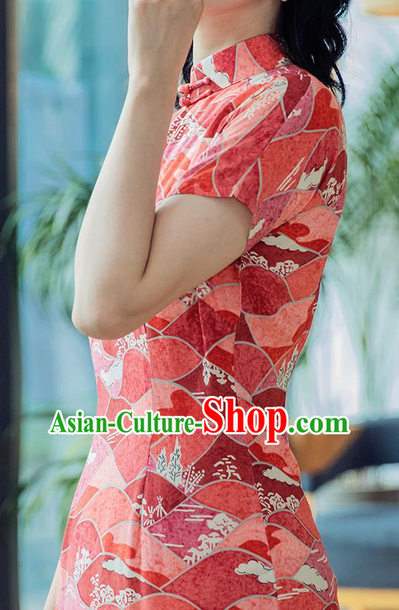 Republic of China Classical Printing Cheongsam Traditional Young Lady Red Qipao Dress Costume Republic of China Classical Printing Cheongsam Traditional Young Lady Red Qipao Dress Costume