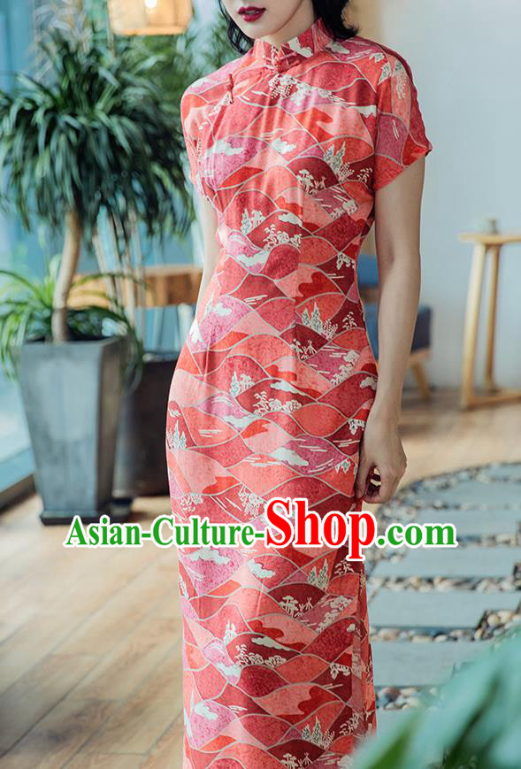 Republic of China Classical Printing Cheongsam Traditional Young Lady Red Qipao Dress Costume Republic of China Classical Printing Cheongsam Traditional Young Lady Red Qipao Dress Costume