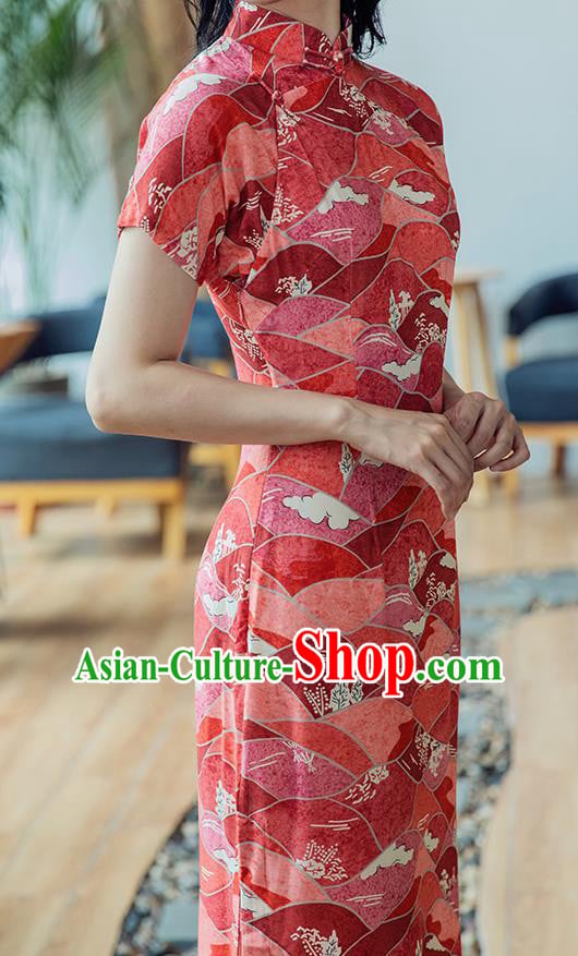 Republic of China Classical Printing Cheongsam Traditional Young Lady Red Qipao Dress Costume Republic of China Classical Printing Cheongsam Traditional Young Lady Red Qipao Dress Costume