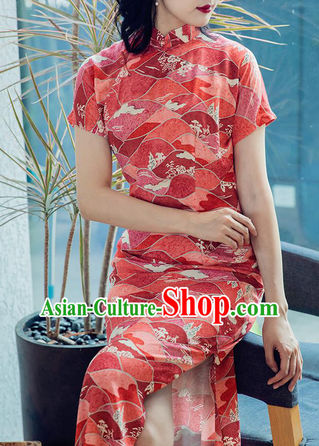 Republic of China Classical Printing Cheongsam Traditional Young Lady Red Qipao Dress Costume Republic of China Classical Printing Cheongsam Traditional Young Lady Red Qipao Dress Costume