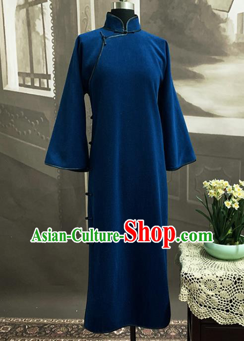 Republic of China Civilian Woman Cheongsam Traditional Wide Sleeve Blue Woolen Qipao Dress Costume Republic of China Civilian Woman Cheongsam Traditional Wide Sleeve Blue Woolen Qipao Dress Costume