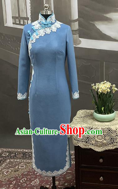 Republic of China Classical Young Lady Winter Cheongsam Costume Traditional Blue Woolen Qipao Dress Republic of China Classical Young Lady Winter Cheongsam Costume Traditional Blue Woolen Qipao Dress