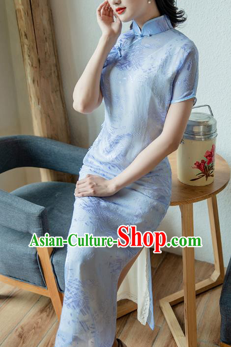 Republic of China Classical Dance Cheongsam Costume Traditional Jacquard Blue Chiffon Qipao Dress Republic of China Classical Dance Cheongsam Costume Traditional Jacquard Blue Chiffon Qipao Dress