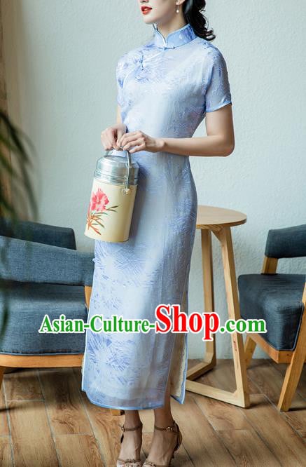 Republic of China Classical Dance Cheongsam Costume Traditional Jacquard Blue Chiffon Qipao Dress Republic of China Classical Dance Cheongsam Costume Traditional Jacquard Blue Chiffon Qipao Dress