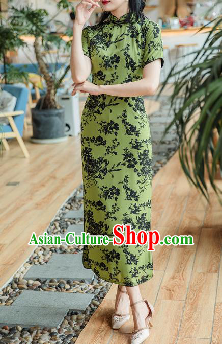 Republic of China Shanghai Beauty Classical Cheongsam Costume Traditional Printing Green Chiffon Qipao Dress Republic of China Shanghai Beauty Classical Cheongsam Costume Traditional Printing Green Chiffon Qipao Dress