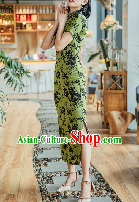 Republic of China Shanghai Beauty Classical Cheongsam Costume Traditional Printing Green Chiffon Qipao Dress Republic of China Shanghai Beauty Classical Cheongsam Costume Traditional Printing Green Chiffon Qipao Dress